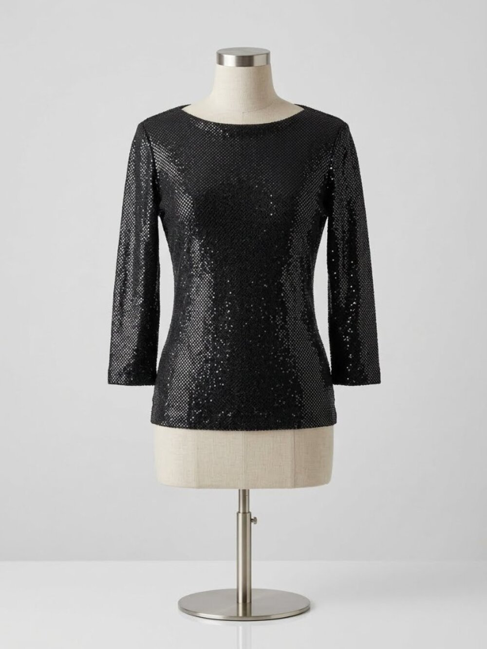 St. John Caviar 3/4 Sleeve Boat Neck Sz‎ Small Black Shimmer Evening Wear Shirt